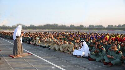 Major general Dr Mohammed Ahmed bin Fahd, Assistant of the Chief of Police for the Academy and Training, and Brig Dr Ghaith Al Suwaidi, Director of the Dubai Police academy, lead Dubai Police in prayers for rain at Khamis Mathar Al Mazeina Mosque. Courtesy Dubai Police