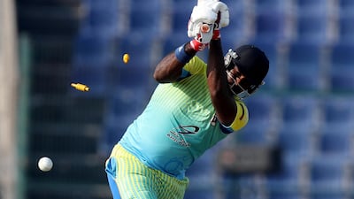 Aces' Ben Lister bowls Defenders Ramith Rambukwella in the game between Auckland Aces and the Boost Defenders in the Abu Dhabi T20 competition.