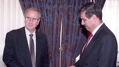 Mr Tarawneh (R) receives the credentials of Israel's new ambassador to Jordan, Oded Eran, who arrived in Amman in May. AFP