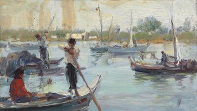 An Untitled oil on panel work by the late Kamel Moustafa for the Sky Over The East exhibition by Sharjah's Barjeel Foundation at Emirates Palace. Courtesy Barjeel Art Foundation