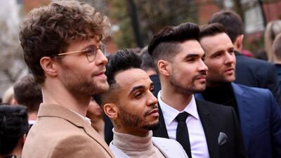 Jay McGuinness, Aston Merrygold, Louis Smith and Harry Judd arrive at the Olivier Awards at the Royal Albert Hall on April 7, 2019. AFP