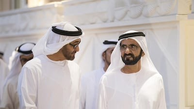 Sheikh Mohammed bin Rashid, Vice President and Ruler of Dubai, welcomes Sheikh Mohammed bin Zayed, Crown Prince of Abu Dhabi and Deputy Supreme Commander of the Armed Forces, to an iftar reception at Zabeel Palace. Ryan Carter / Crown Prince Court Abu Dhabi