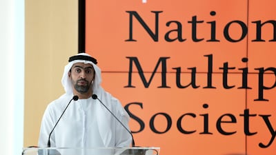 Mansoor Al Mansoori, Chairman of the Department of Health, speaks at the launch of the National Multiple Sclerosis Society in Abu Dhabi in 2023. Khushnum Bhandari / The National