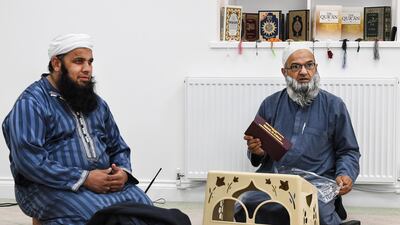 Members of the Muslim community attend the opening of the first mosque built on the Western Isles, Stornoway, Scotland, on May 11, 2018. Jeff J Mitchell / Getty Images