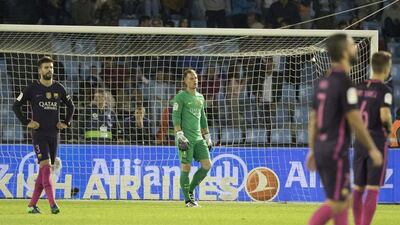 Barcelona goalkeeper Marc-Andre ter Stegen, centre, reacts after a Celta Vigo goal in Sunday's loss. Lalo R Villar / AP Photo / October 2, 2016