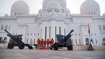 Members of the UAE Armed Forces outside the Sheikh Zayed Grand Mosque. Hamad Alkaabi / Crown Prince Court - Abu Dhabi