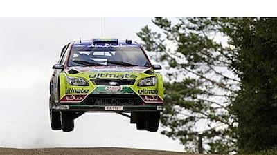 Mikko Hirvonen competes on the second day of the Rally of Finland yesterday.