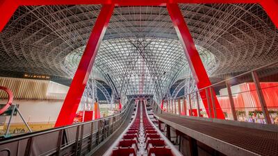 Turbo Track, the newest roller coaster at Ferrari World, rises to 64 metres above Yas Island in Abu Dhabi. Photo: Ferrari World Abu Dhabi