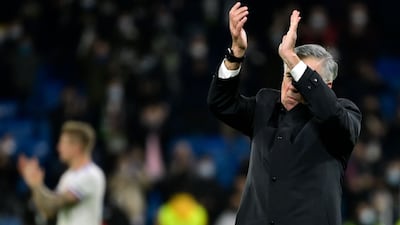 Real Madrid coach Carlo Ancelotti waves to supporters at the end of the match. AFP