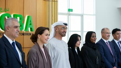 The President, Sheikh Mohamed during a visit to the International Centre for Biosaline Agriculture (ICBA) in Dubai. Seen with Mariam Al Mheiri, Minister of Climate Change and Environment; Razan Al Mubarak, managing director of the Environment Agency – Abu Dhabi (4th L); and Dr Tarifa Alzaabi, acting director general of the ICBA (5th R). Photo: Mohamed Al Baloushi for the Ministry of Presidential Affairs