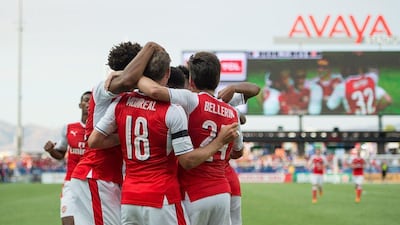 Arsenal players celebrate after forward Chuba Akpom scores a goal against the MLS All-Stars during the MLS All-Star match at Avaya Stadium in San Jose, California on July 28, 2016. Josh Edelson / AFP