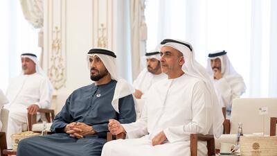 Sheikh Nahyan bin Zayed, chairman of the Board of Trustees of Zayed bin Sultan Al Nahyan Charitable and Humanitarian Foundation, and Sheikh Saif bin Zayed, Deputy Prime Minister and Minister of Interior, at the Sea Palace barza.