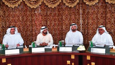 Sheikh Mohammed bin Rashid, Prime Minister and Ruler of Dubai, chairs the first Cabinet meeting of the year on Sunday at Union House in Dubai. Also pictured: Sheikh Saif bin Zayed, Minister of Interior and Deputy Prime Minister, Mohammad Al Gergawi, Minister of Cabinet Affairs and The Future, and Sheikh Hamdan bin Rashid, Minister of Finance and Deputy Ruler of Dubai. Wam