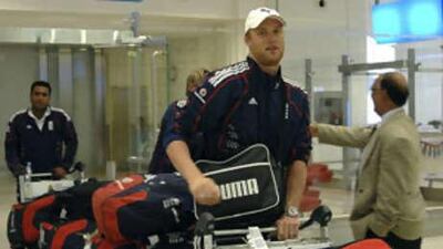 Andrew Flintoff arrives with his teammates at Dubai airport.