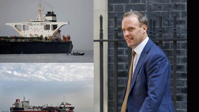 A composite image showing Dominic Raab, Britain's new foreign secretary and the Iranian Grace 1 supertanker, held by Gibraltar, above, and the British-flagged Stena Impero, held by Iran off Bandar Abbas. Photos Bloomberg, Reuters and EPA