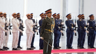 Members of the UAE Armed Forces Honour Guard stand to attention. Crown Prince Court - Abu Dhabi