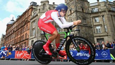 Alex Dowsett of England goes past the Tolbooth during the men's individual time trial during the Glasgow 2014 Commonwealth Games on July 31, 2014. Richard Heathcote/Getty Images