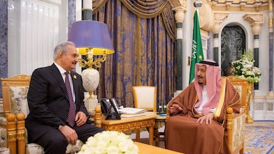 Saudi Arabia's King Salman bin Abdulaziz meets Libyan military commander Khalifa Haftar in Riyadh. Reuters