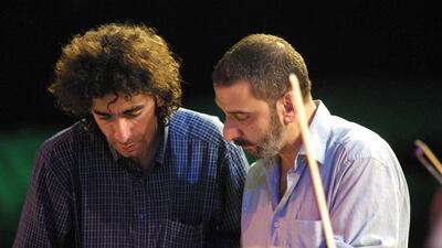 Rahbani, right, in July 2001, at a rehearsal with Armenian conductor Karen Durgaryan in Beiteddine, in the Chouf region of Lebanon, for concerts by Fairouz at the annual festival. AFP