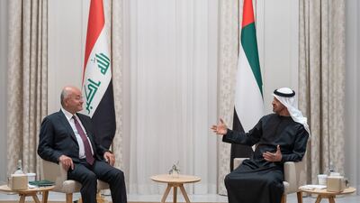 Sheikh Mohamed bin Zayed Al Nahyan, Crown Prince of Abu Dhabi and Deputy Supreme Commander of the UAE Armed Forces (right) meets Iraqi President Barham Salih (left) at Al Shati Palace. Ministry of Presidential Affairs