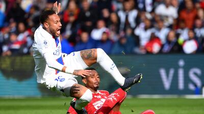 Brest's defender Christophe Herelle tackles Neymar. AFP
