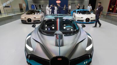 A Bugatti on display at Dubai Motor Show on Tuesday. Antonie Robertson / The National