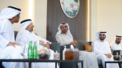 Sheikh Mohamed bin Zayed, Crown Prince of Abu Dhabi and Deputy Supreme Commander of the Armed Forces (3rd L), visits the home of Dr Omar Habtoor Al Derei, Director General of the UAE Fatwa Council (4th L). Seen with Hamad Habtoor Al Derei (2nd L) and Sheikh Mohammed bin Hamad bin Tahnoon, adviser for Special Affairs at the Ministry of Presidential Affairs (R).