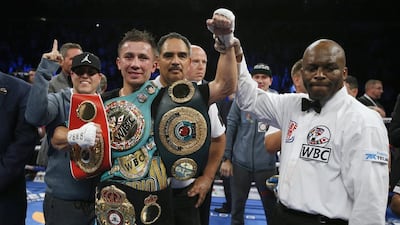 Gennady Golovkin celebrates after winning the fight. Andrew Couldridge / Action Images