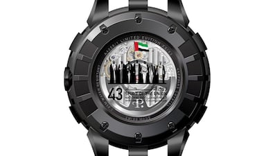 Perrelet launched an exclusive UAE limited edition watch, to commemorate the 43rd national day. The case back of the watch is decorated with the UAE flag and the 43rd National Day logo – Spirit of the Union. Courtesy Perrelet