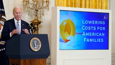 President Joe Biden speaks during an event on prescription drug costs at the White House in Washington. AP