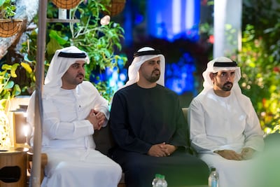 Sheikh Hamdan bin Mohammed, Crown Prince of Dubai, Deputy Prime Minister and Minister of Defence; Sheikh Maktoum bin Mohammed, First Deputy Ruler of Dubai, Deputy Prime Minister and Minister of Finance; and Sheikh Theyab bin Mohamed, Chairman of the Office of Development and Martyrs Families Affairs at the Presidential Court, attend the meeting. Photo: UAE Presidential Court