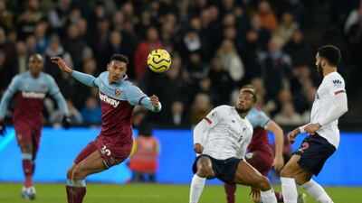 Sebastien Haller of West Ham, second left, and Georginio Wijnaldum of Liverpool, second right, during the Premier League match at the London Stadium. EPA
