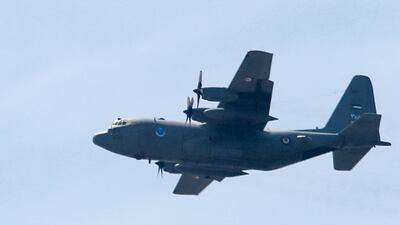 A Royal Jordanian Air Force C-130 Hercules aircraft on its way to deliver humanitarian aid to the Gaza Strip. AFP