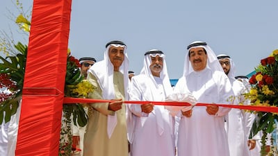 The Ruler of UAQ, Sheikh Saud bin Rashid Al Mu’allah, right, at the inauguration. With him are Sheikh Nahyan bin Mubarak, centre, and Mohammed Al Shaali, chairman of Gulf Craft, the Umm Al Quwain company that built the yacht.