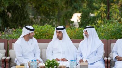 Sheikh Hazza bin Zayed, Sheikh Khaled bin Zayed, Chairman of the Board of Zayed Higher Organization for Humanitarian Care and Special Needs, and Sheikh Nahyan bin Mubarak, Minister of Tolerance, attend an Al Maqam Palace barza. Hamad Al Mansoori for the Ministry of Presidential Affairs )