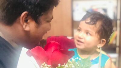 Sujay Sarigommula with his daughter Amayra. The Indian engineer left his family in the UAE to attend his father's funeral in Warangal, southern India and then spent anxious weeks trying to return to Dubai during the suspension of incoming flights from India. Courtesy: Sujay Sarigommula
