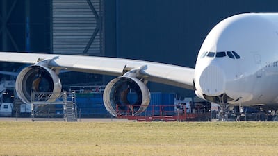 An A380 Airbus superjumbo sits on the tarmac where it is dismantled at the site of French recycling and storage aerospace company Tarmac Aerosave in Tarbes