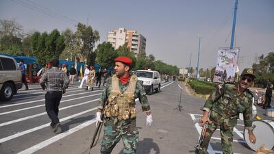 Iranian soldiers patrol after the terror attack at a military parade in the city of Ahvaz. EPA