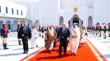 Lebanon's President Joseph Aoun is escorted to his flight by Bahrain's Foreign Minister Abdullatif bin Rashid Al Zayani, at the end of his two-day visit to Manama. Photo: Bahrain News Agency