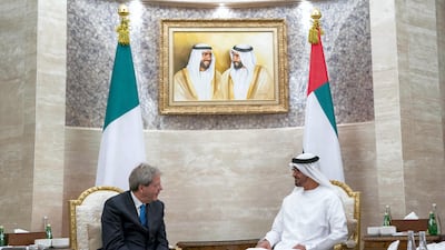 Sheikh Mohammed bin Zayed, Crown Prince of Abu Dhabi Deputy Supreme Commander of the Armed Forces, meets with Paolo Gentiloni, Prime Minister of Italy, at Al Shati Palace. Mohammed Al Hammadi / Crown Prince Court - Abu Dhabi