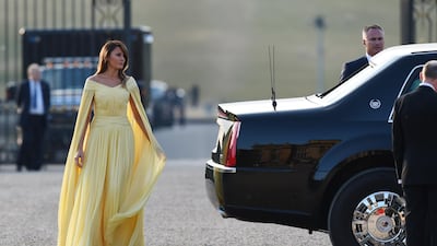Melania Trump, in J Mendel, arrives at Blenheim Palace on July 12, 2018 in Woodstock, England. Getty Images