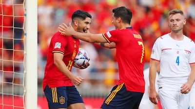 MALAGA, SPAIN - JUNE 12: Carlos Soler of Spain celebrates with Alvaro Morata after scoring their team's first goal during the UEFA Nations League League A Group 2 match between Spain and Czech Republic at La Rosaleda Stadium on June 12, 2022 in Malaga, Spain. (Photo by Fran Santiago / Getty Images)