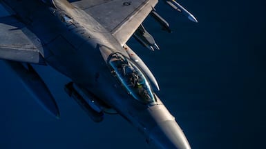 A US Air Force F-16 fighter jet on patrol over Middle East waters. Photo: Centcom