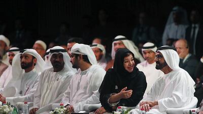 Sheikh Mohammed bin Rashid, Vice President and Ruler of Dubai, with Reem bint Ebrahim Al Hashimy, Minister of State for International Cooperation, celebrate Dubai Cares’ 10th anniversary. Ravindranath K / The National