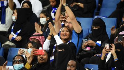 Saudi women seen in the crowd during Al Hilal's Champions League match against UAE's Al Ain in Riyadh. Fayez Nureldine / AFP Photo