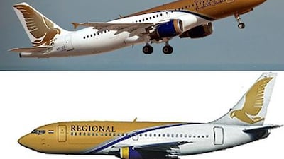 The distinctive livery of Gulf Air and, below, the almost identical markings that Regional Paraguaya plans to apply to its aircraft.