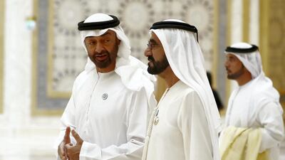 Sheikh Mohammed bin Zayed, Crown Prince of Abu Dhabi and Deputy Supreme Commander of the UAE Armed forces and Sheikh Mohammed Bin Rashid, Vice President and Ruler of Dubai, are aiming to build a prosperous future for the UAE. Pawan Singh / The National