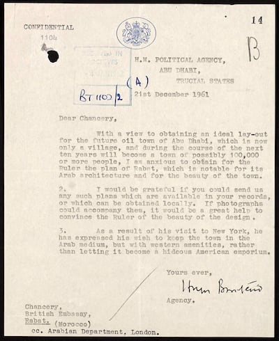 A letter proposing Rabat as a possible model for a future Abu Dhabi city. Courtesy Arabian Gulf Digital Archive
