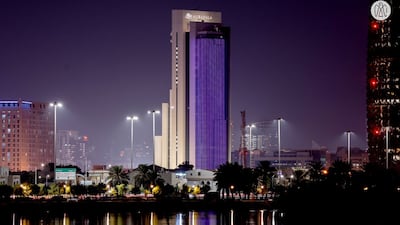 Mubadala's headquarters was also awash in purple in honour of the British monarch.