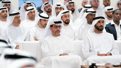 Sheikh Hamed bin Zayed, Crown Prince Court of Abu Dhabi and Deputy Supreme Commander of the UAE Armed Forces, attends a lecture by Dr Pavan Sukhdev (Not shown), entitled: "Redefining wealth for an economy of performance" with Sheikh Nahyan Bin Zayed, Chairman of the Board of Trustees of Zayed bin Sultan Al Nahyan Charitable and Humanitarian Foundation (R).